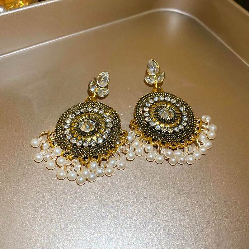 Rhinestone Alloy Bead Dangle Earrings - Traditional Mandala Design with Pearl Drops - Patelcreations