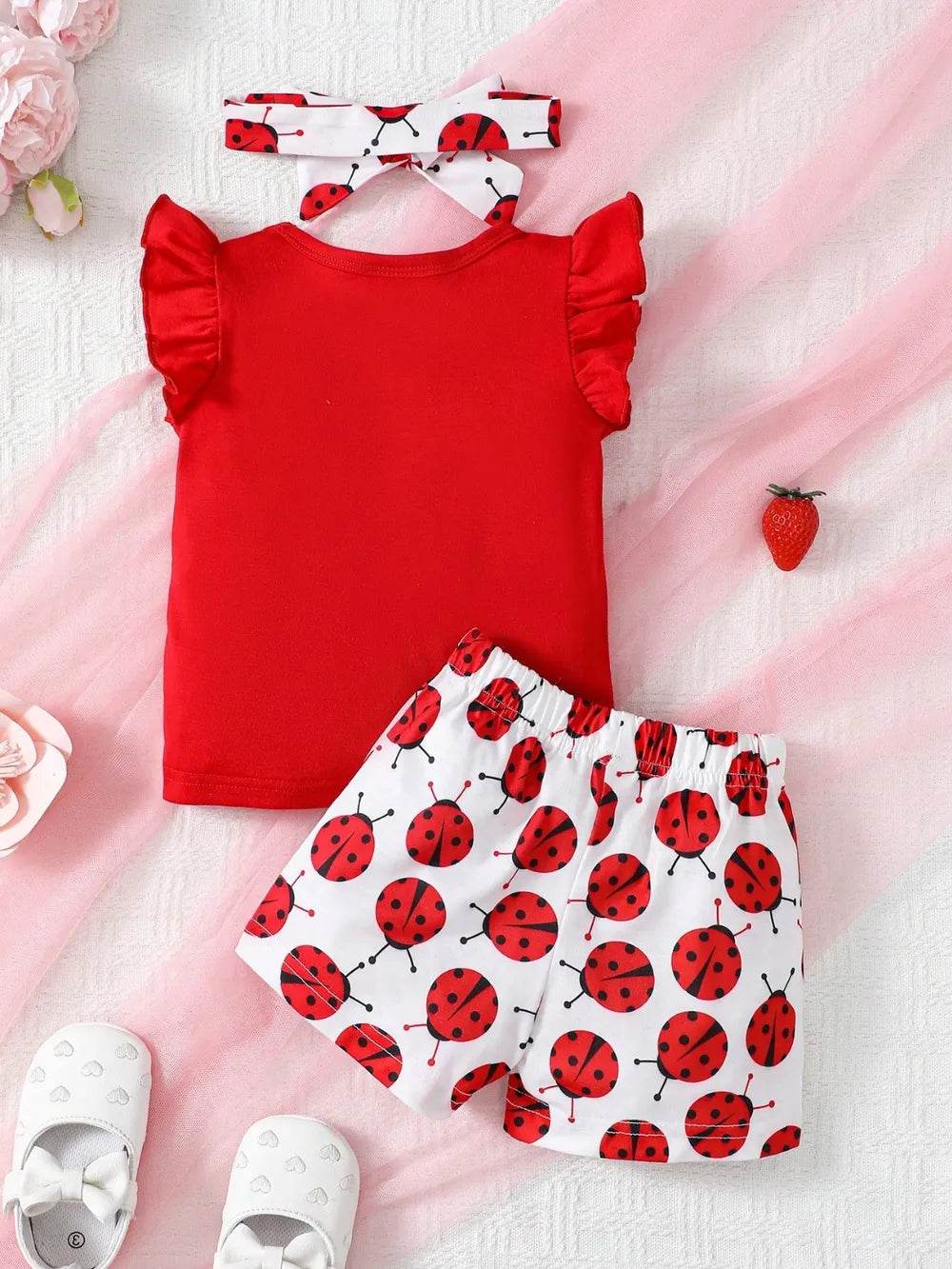 Children's Ladybug Print 3-Piece Set - Headband, Ruffle Top & Pants - Patelcreations