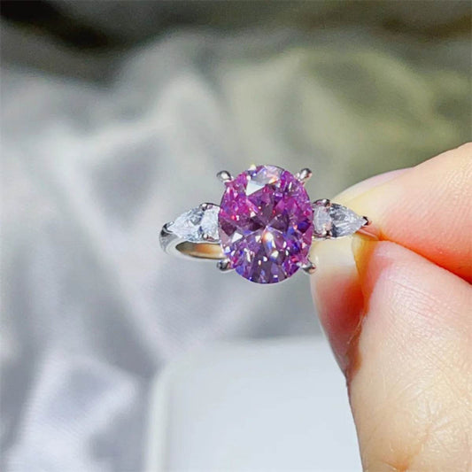 3 Carat Purple Moissanite 925 Sterling Silver Ring - Oval Cut Three-Stone Design - Patelcreations