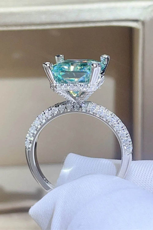 5 Carat Teal Blue Moissanite Ring - Platinum Plated Radiant Cut with Accents - Patelcreations