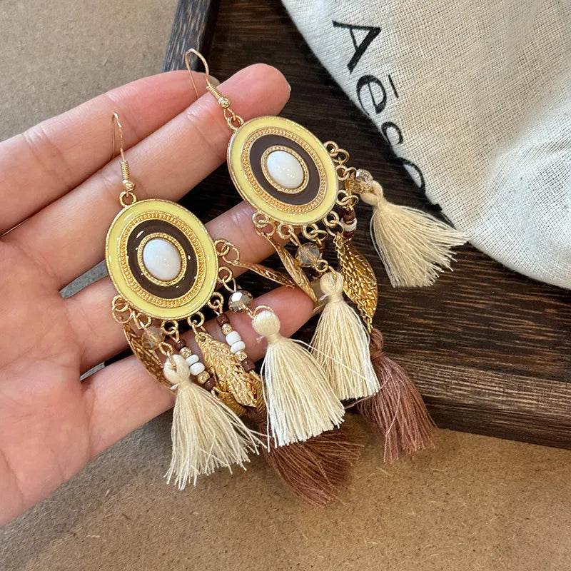 Native American Inspired Alloy Rice Bead Dangle Earrings - Feather & Tassel Design - Patelcreations