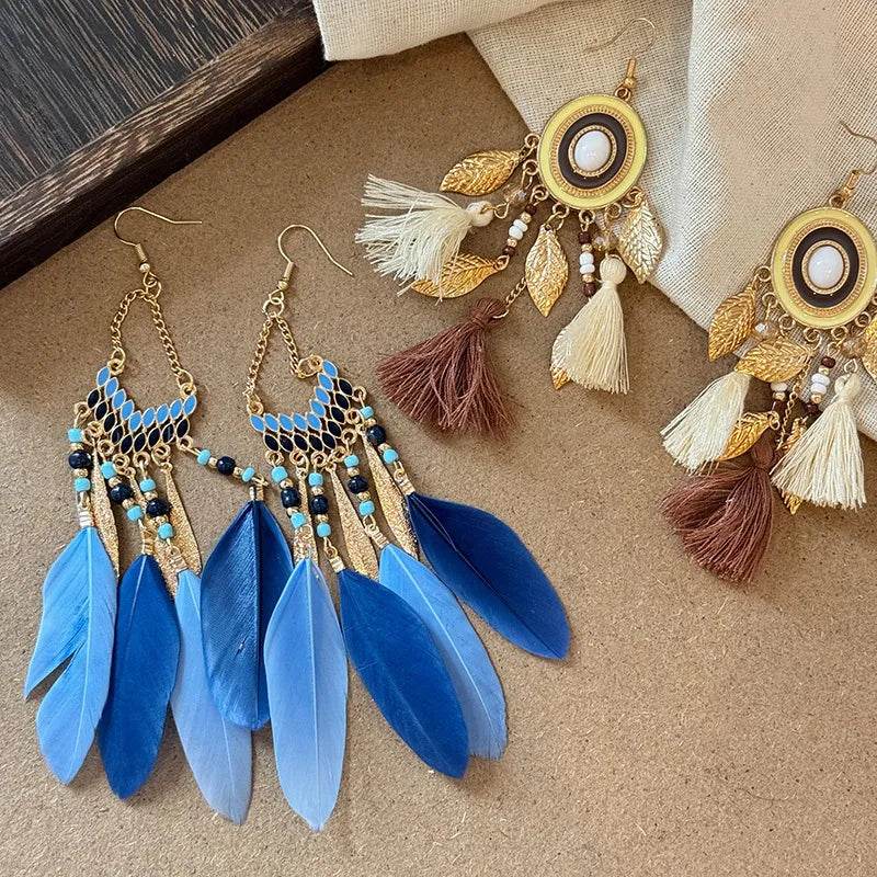 Native American Inspired Alloy Rice Bead Dangle Earrings - Feather & Tassel Design - Patelcreations