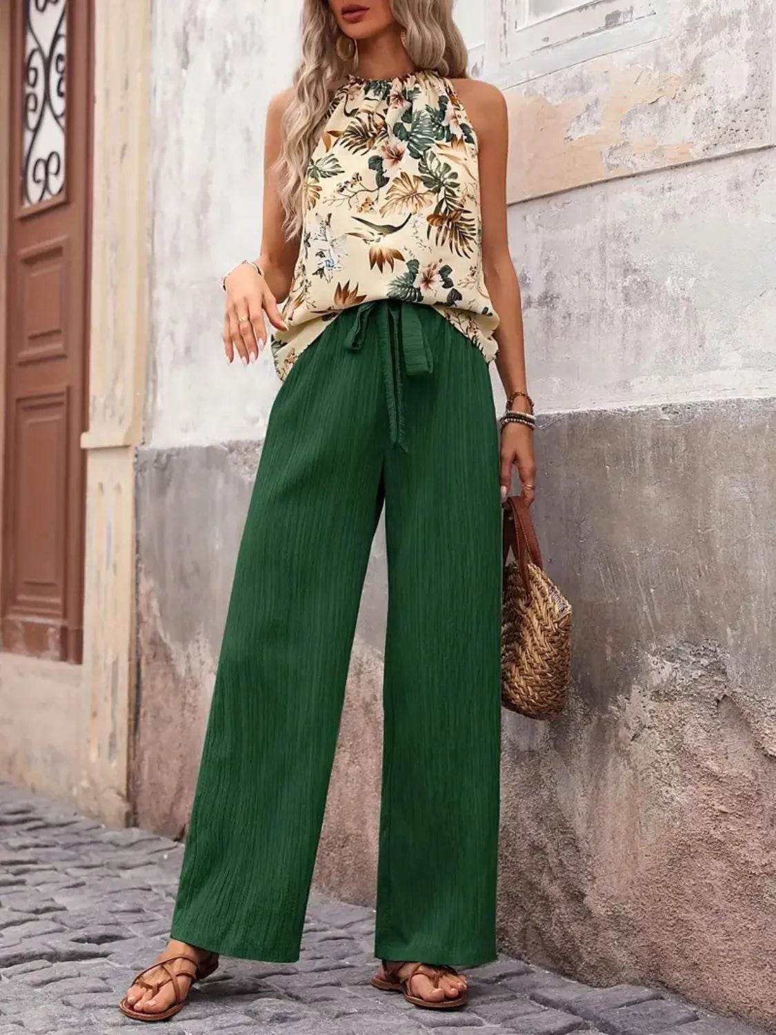 🌿 Meadow Glow Printed Tank Top and Wide Leg Pants Set - Patelcreations