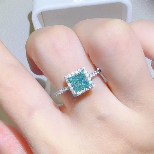 2 Carat Teal Green Moissanite Ring - Sterling Silver Princess Cut Halo - Patelcreations