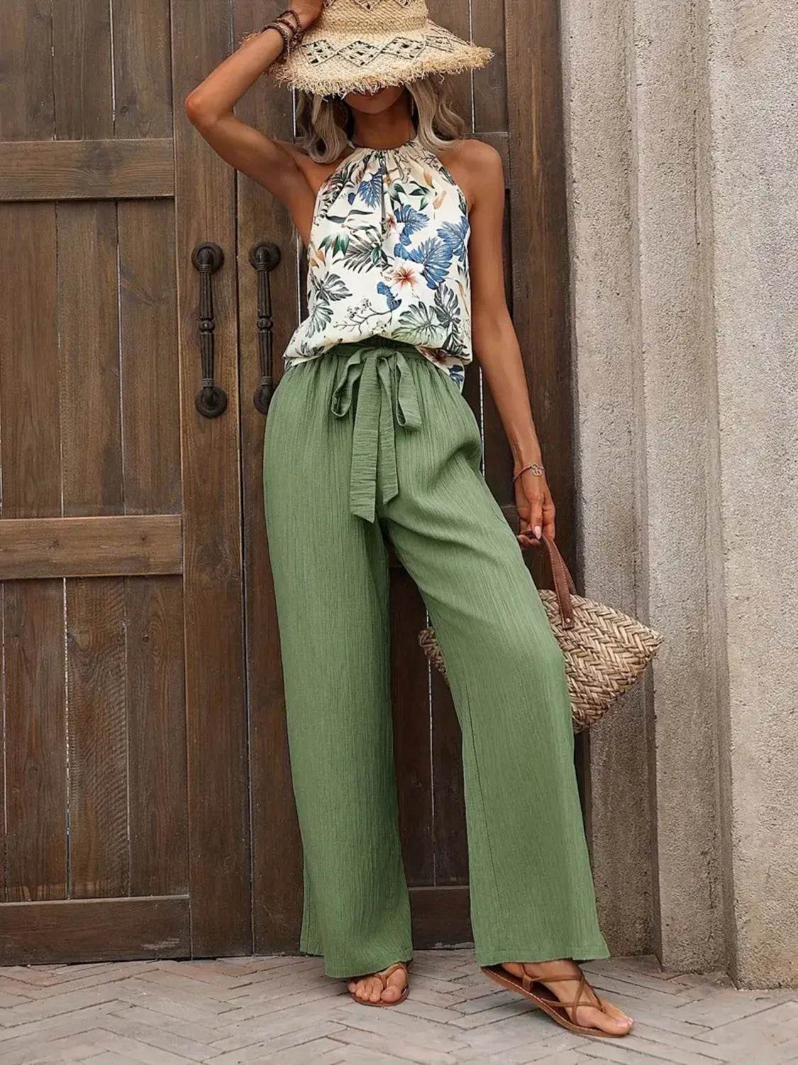 🌿 Meadow Glow Printed Tank Top and Wide Leg Pants Set - Patelcreations