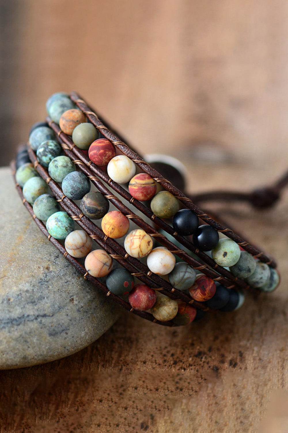 Handmade Triple Layer Beaded Agate Bracelet - Natural Earth Tones Heart Charm - Patelcreations