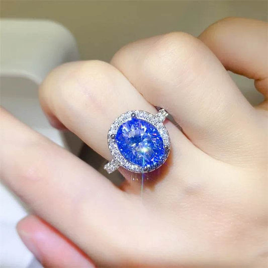 5 Carat Blue Moissanite Ring - Sterling Silver Oval Halo Design - Patelcreations