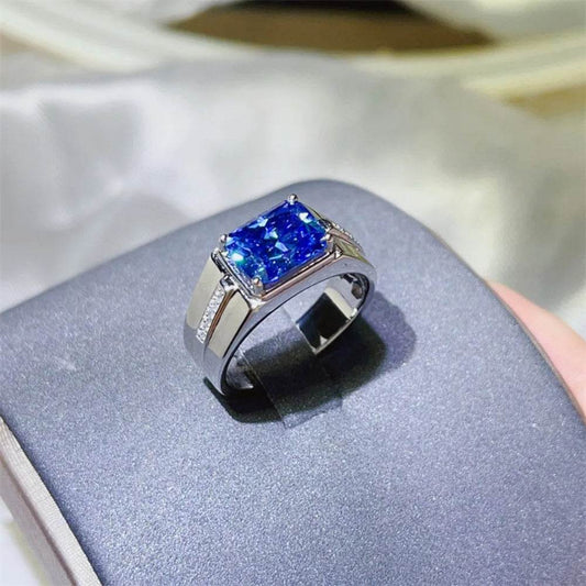 2 Carat Royal Blue Moissanite Men's Ring - Platinum Plated Emerald Cut - Patelcreations