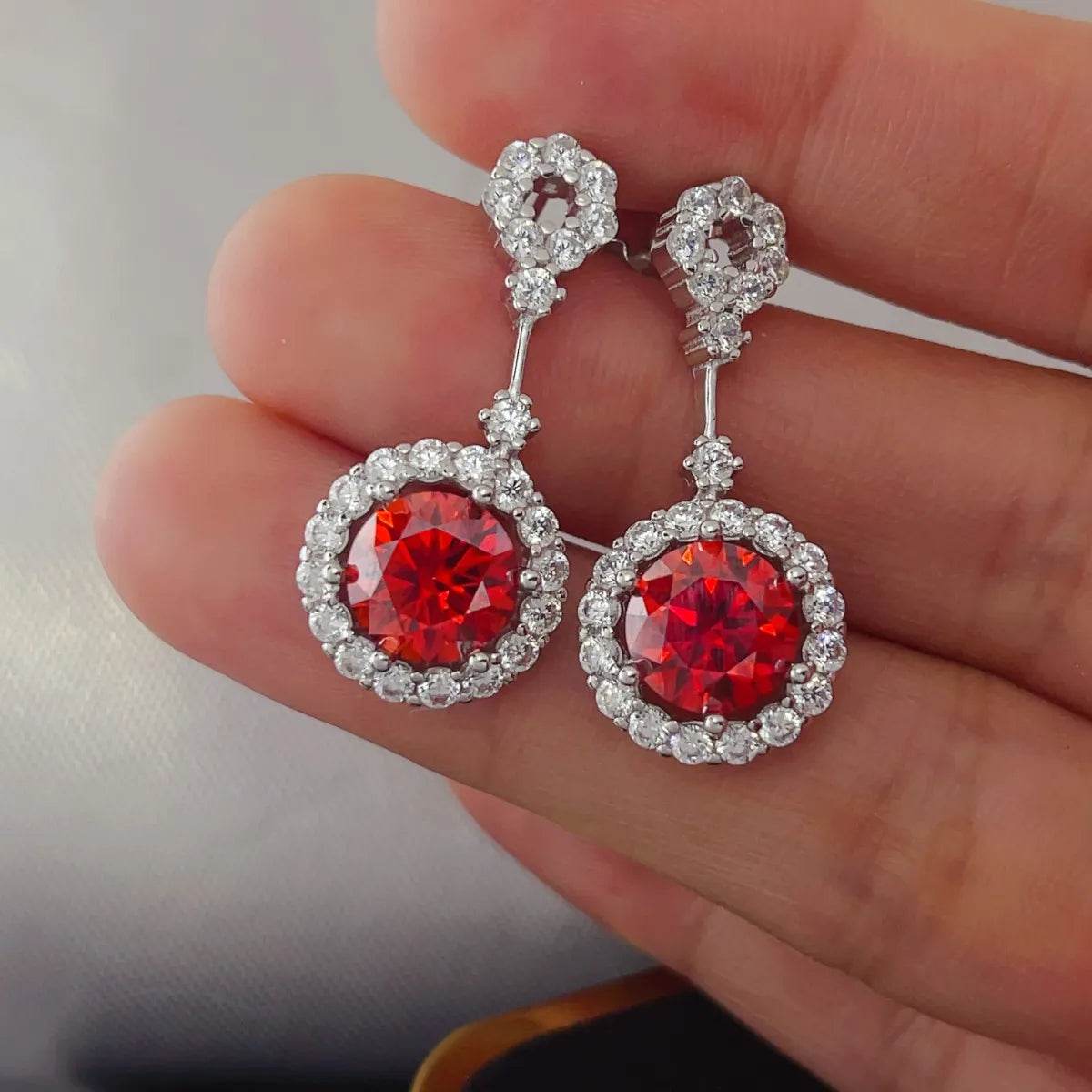 4 Carat Ruby Red Crystal Drop Earrings with Rhinestone Halo - Patelcreations