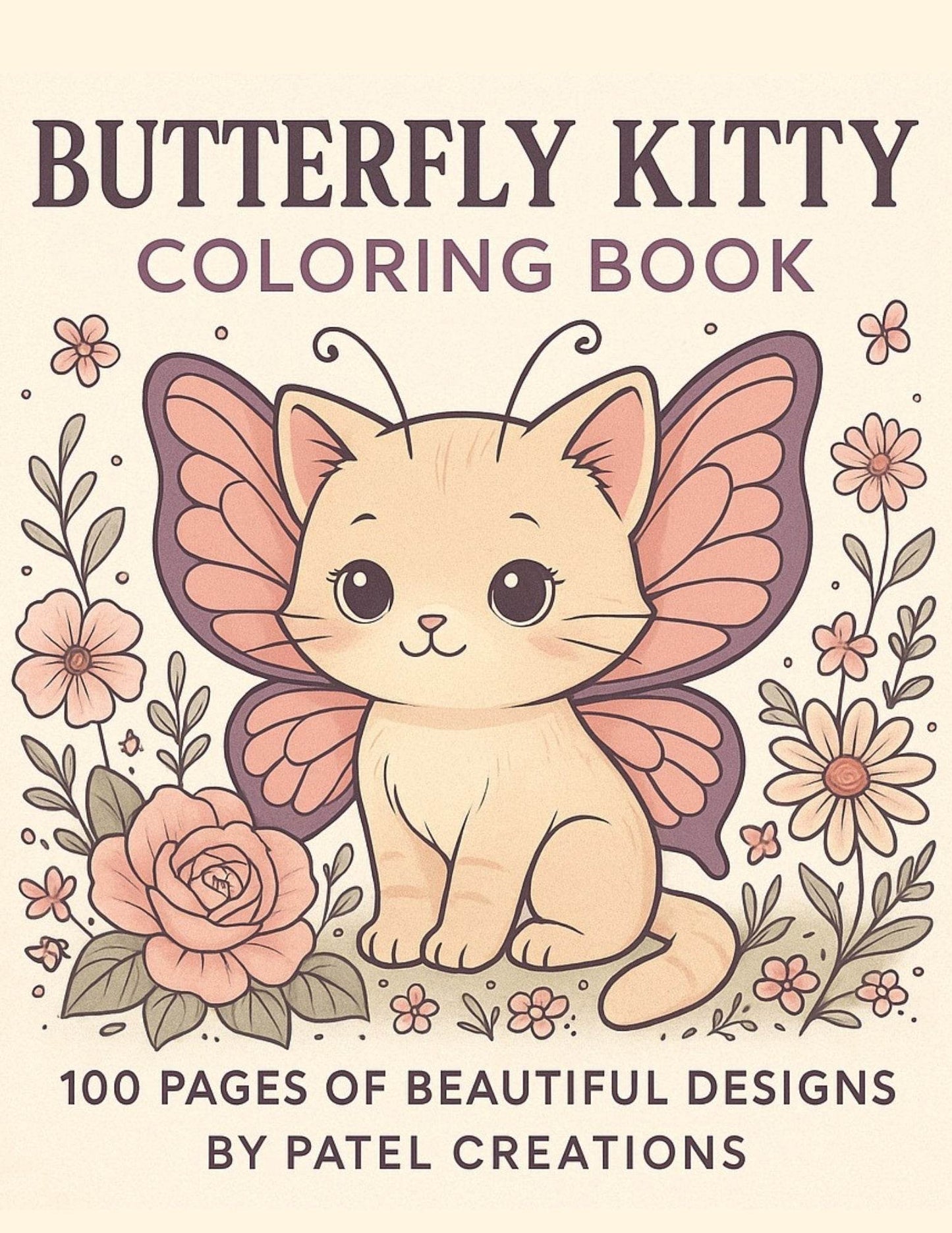 Butterfly Kitty Coloring Book - 100 Pages of Beautiful Designs - Digital Download - Patelcreations