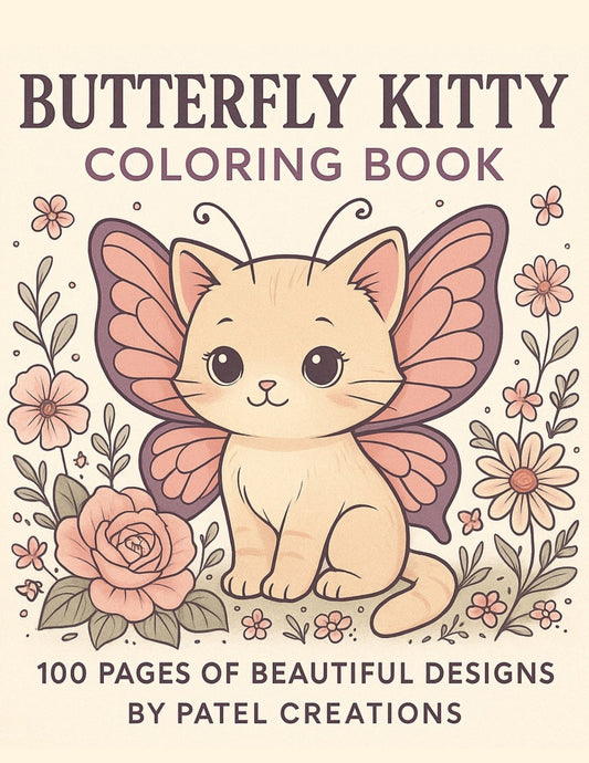 Butterfly Kitty Coloring Book - 100 Pages of Beautiful Designs - Digital Download