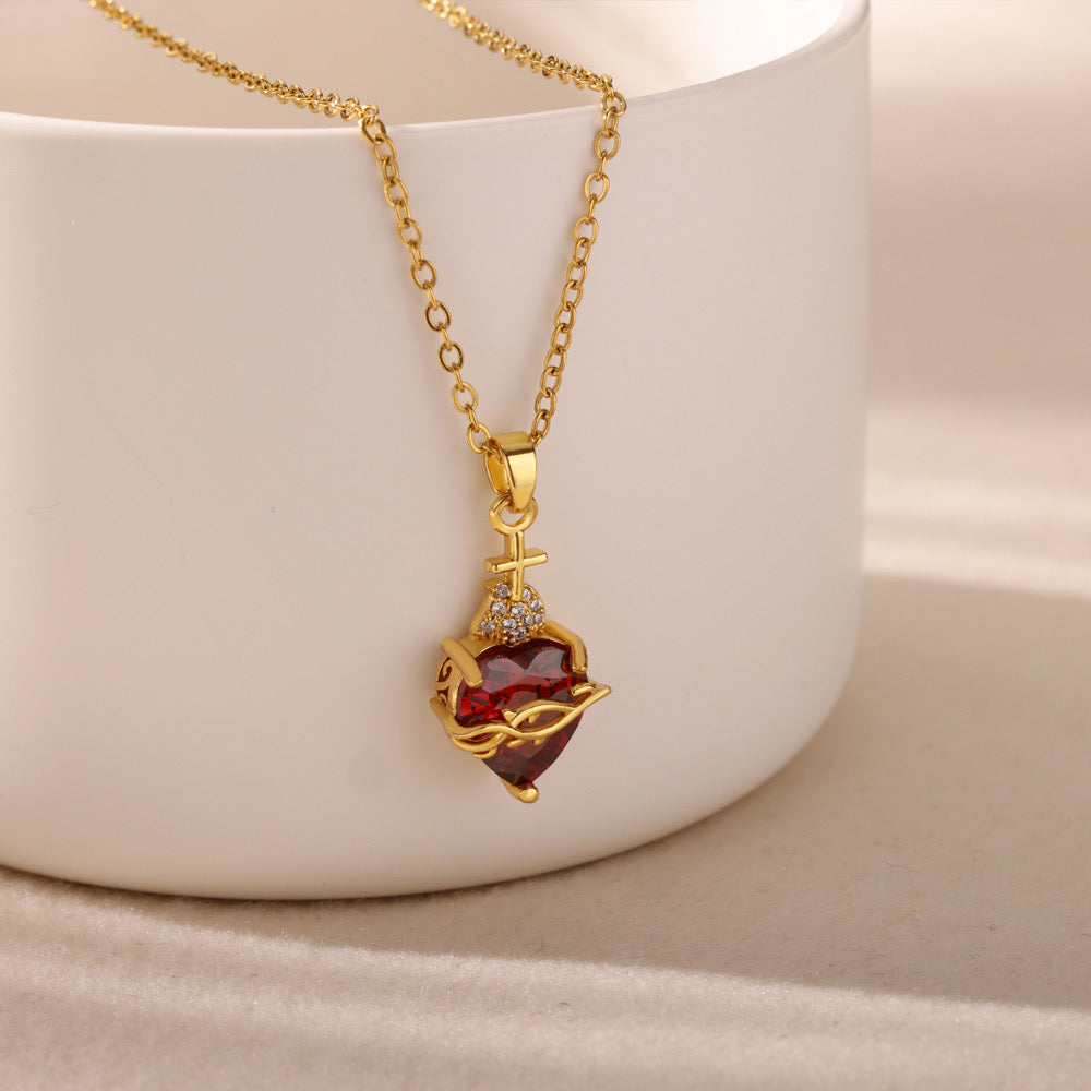 Sacred Heart Cross Pendant Necklace | 18K Gold Plated