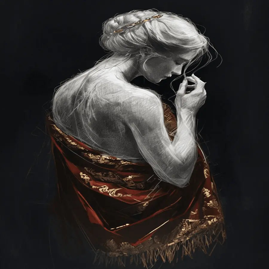 Regal Silence – Elegant Female Portrait in Red and Gold (Digital Wall Art)