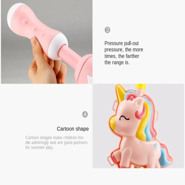 Pink toy with cartoon unicorn design and text about pressure pull-out mechanism.