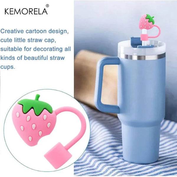 KEMORELA 6PCS Cute Straw Cover Caps for Stanley Cup - Silicone Strawberry & Flower Toppers (10mm) - Patelcreations