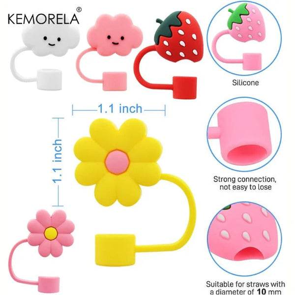 KEMORELA 6PCS Cute Straw Cover Caps for Stanley Cup - Silicone Strawberry & Flower Toppers (10mm) - Patelcreations