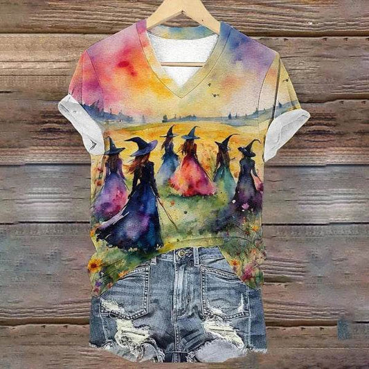 Watercolor Witch Sisters T-Shirt - Artistic Halloween Witchy Vibes Tee - Mystical Forest Coven Shirt - Women's V-Neck Witch Aesthetic Top - Patelcreations
