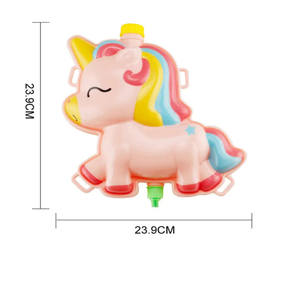 Unicorn-shaped water blaster with dimensions on a white background