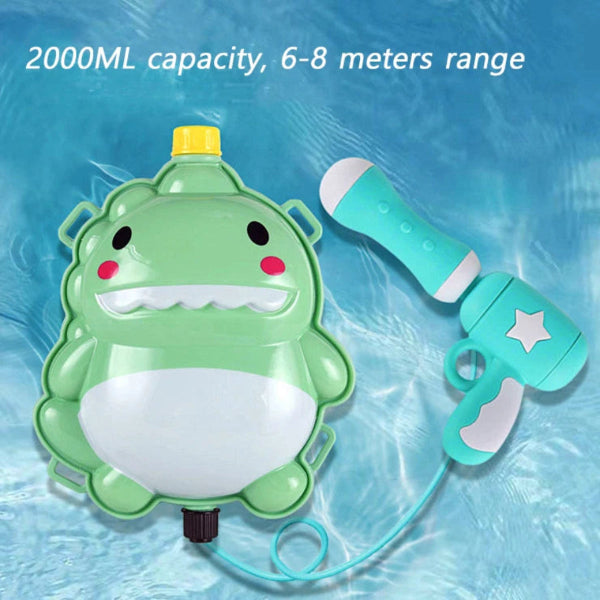 Green water gun with a cartoon design on a blue water background