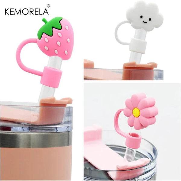KEMORELA 6PCS Cute Straw Cover Caps for Stanley Cup - Silicone Strawberry & Flower Toppers (10mm) - Patelcreations
