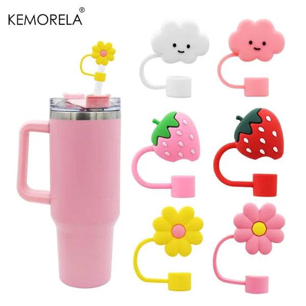 KEMORELA 6PCS Cute Straw Cover Caps for Stanley Cup - Silicone Strawberry & Flower Toppers (10mm) - Patelcreations