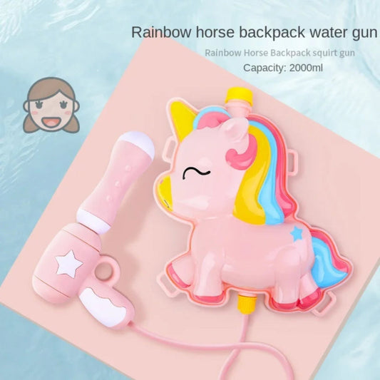 Pink unicorn water gun with rainbow hair on a pink base, labeled 'Rainbow horse backpack water gun'.