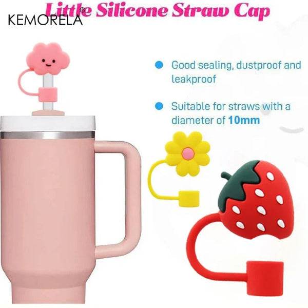 KEMORELA 6PCS Cute Straw Cover Caps for Stanley Cup - Silicone Strawberry & Flower Toppers (10mm) - Patelcreations