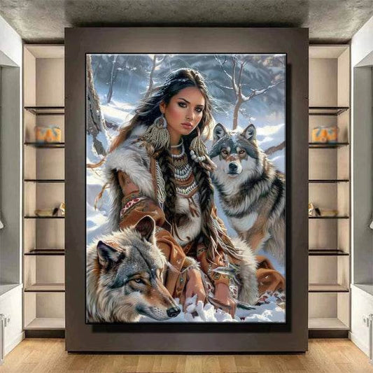 Native Woman & Wolves Diamond Painting Kit - Full Drill DIY Art - Home Decor Gift - Patelcreations