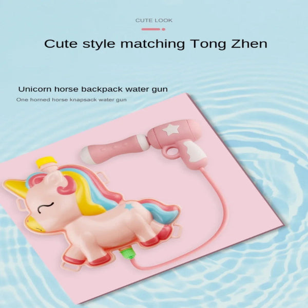 Unicorn horse backpack water gun on a pink card with a blue background