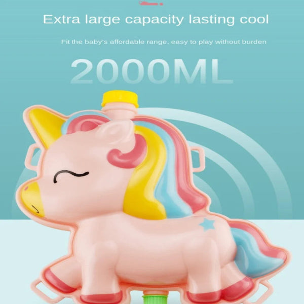 Pink unicorn-shaped water bottle with a yellow cap on a light blue background