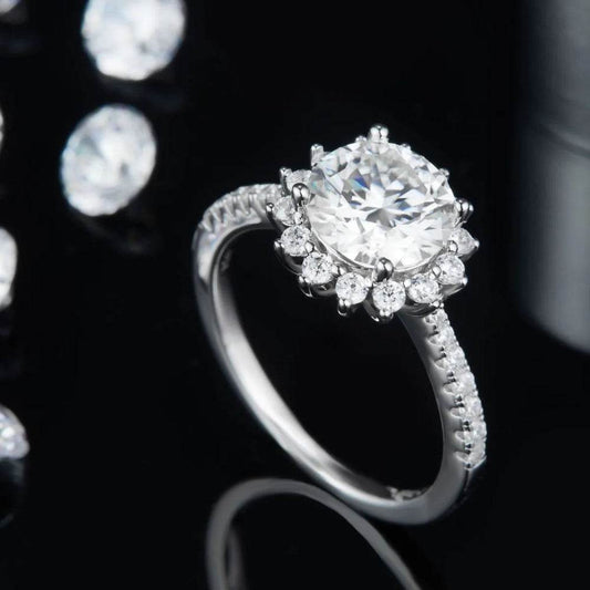 2 Carat Moissanite Ring - Sterling Silver Sunflower Halo Design - Patelcreations