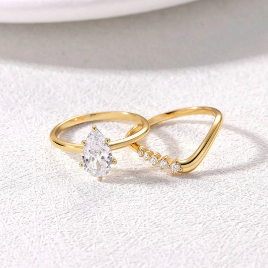 1.5 Carat Moissanite Teardrop Ring 2-Piece Set - 18K Gold Plated Bridal Set - Patelcreations