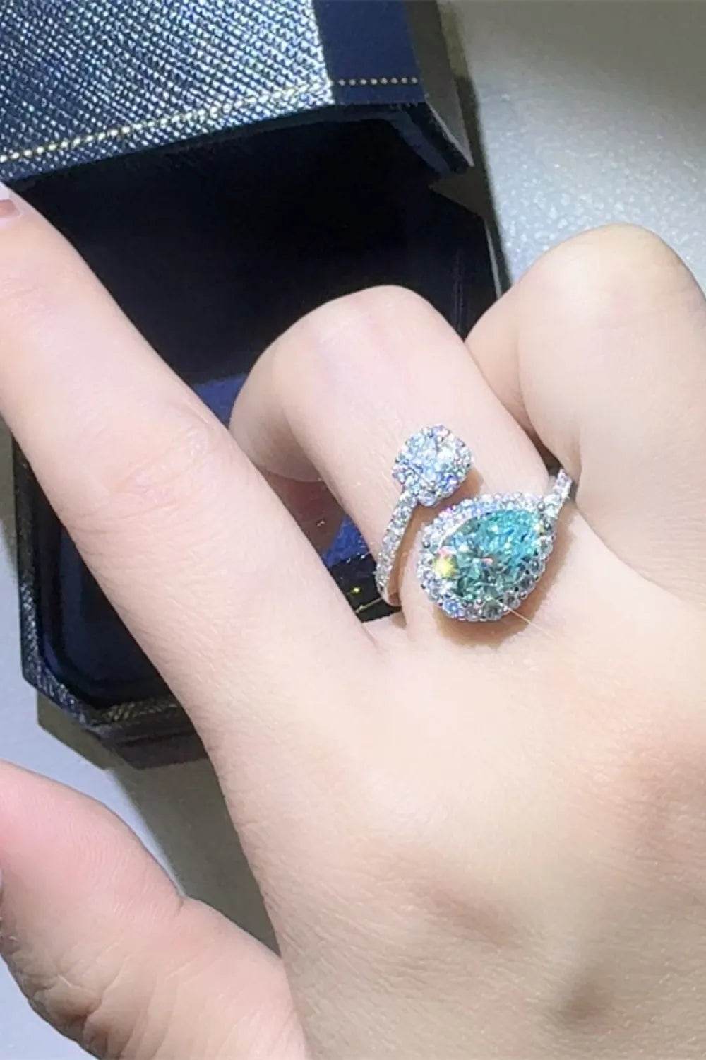 2 Carat Turquoise Moissanite Ring - Sterling Silver Bypass Design - Patelcreations
