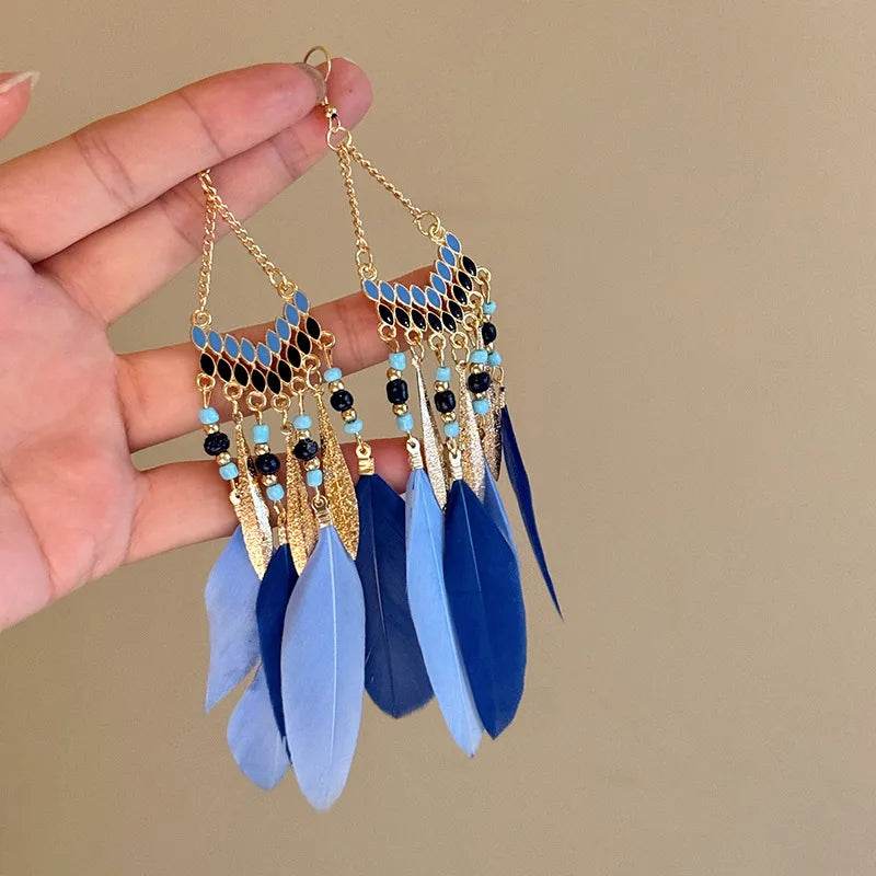 Native American Inspired Alloy Rice Bead Dangle Earrings - Feather & Tassel Design - Patelcreations