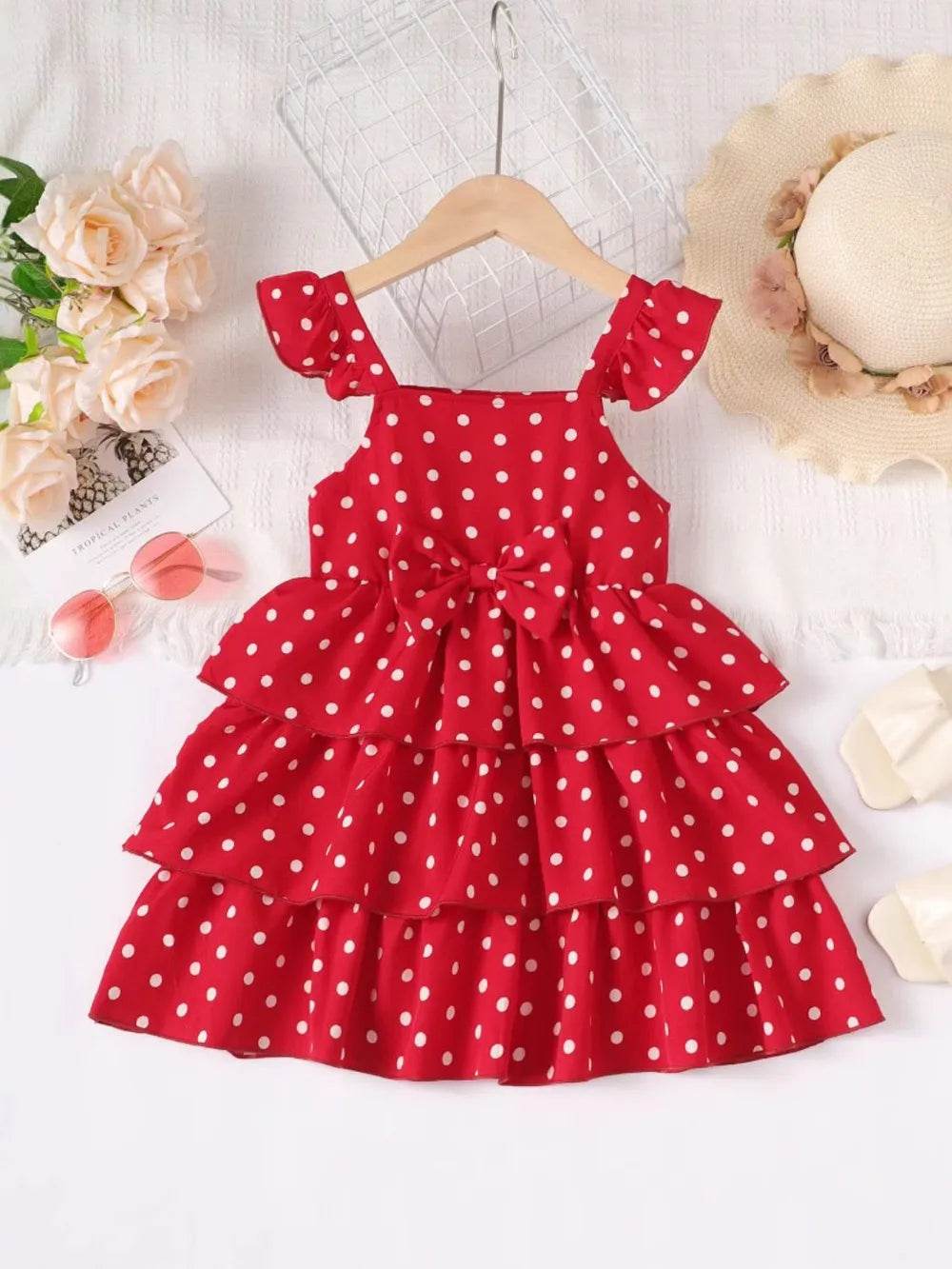 Bow Polka Dot Square Neck Layered Dress - Scarlet & Dark Green - Patelcreations