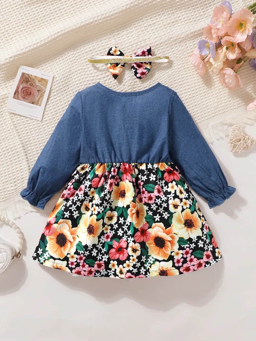Children's Ruffled Bow Contrast Floral Dress with Headband - Patelcreations