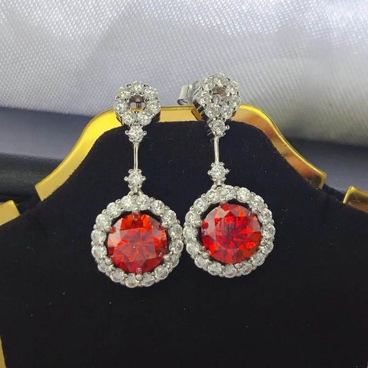 4 Carat Ruby Red Crystal Drop Earrings with Rhinestone Halo - Patelcreations