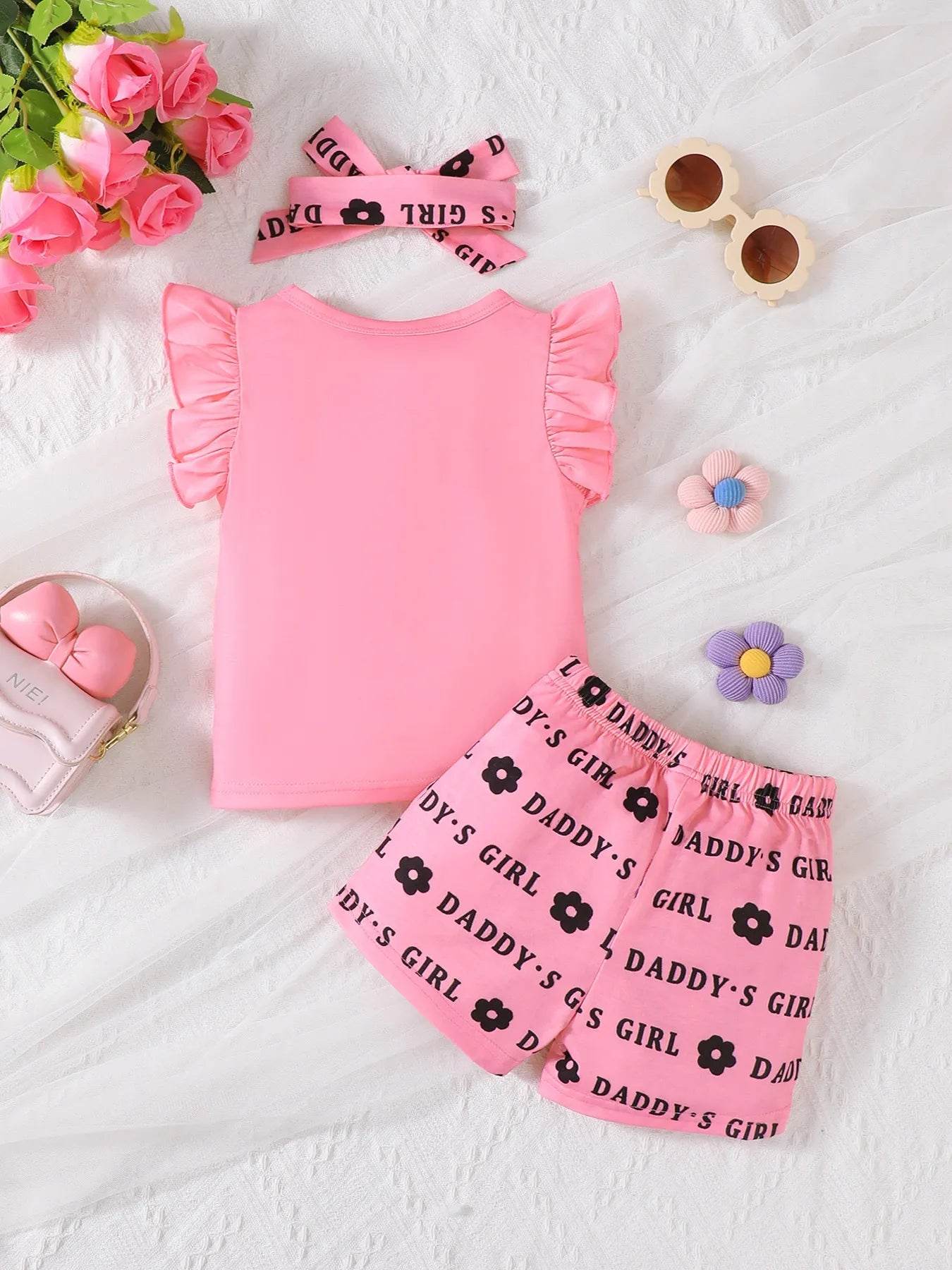 Daddy's Girl Three-Piece Set - Pink Ruffled Top, Shorts & Headband - Patelcreations