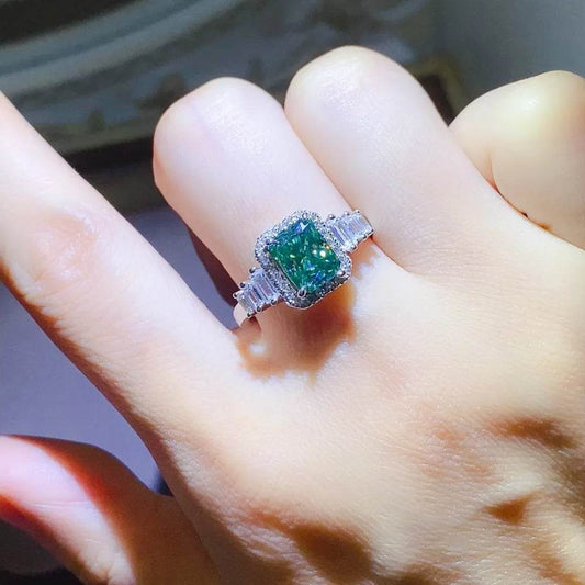 2 Carat Teal Blue Moissanite Ring - Sterling Silver Emerald Cut Halo - Patelcreations