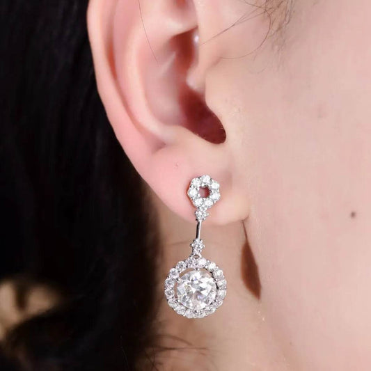 4 Carat Moissanite Crystal Drop Dangle Earrings - Platinum Plated Halo Design - Patelcreations