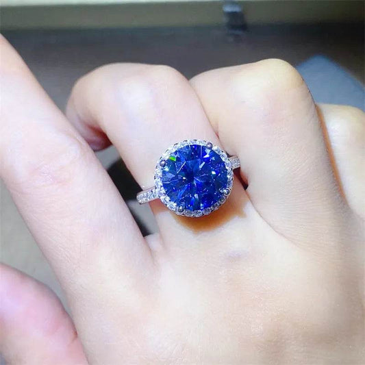 5 Carat Royal Blue Moissanite Ring - Sterling Silver Round Halo Design - Patelcreations