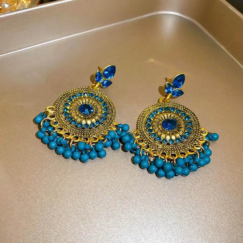 Rhinestone Alloy Bead Dangle Earrings - Traditional Mandala Design with Pearl Drops - Patelcreations