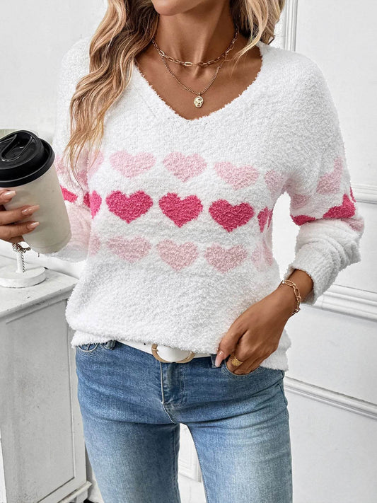 ❤️ Heart Pattern V-Neck Fall Sweater - Patelcreations