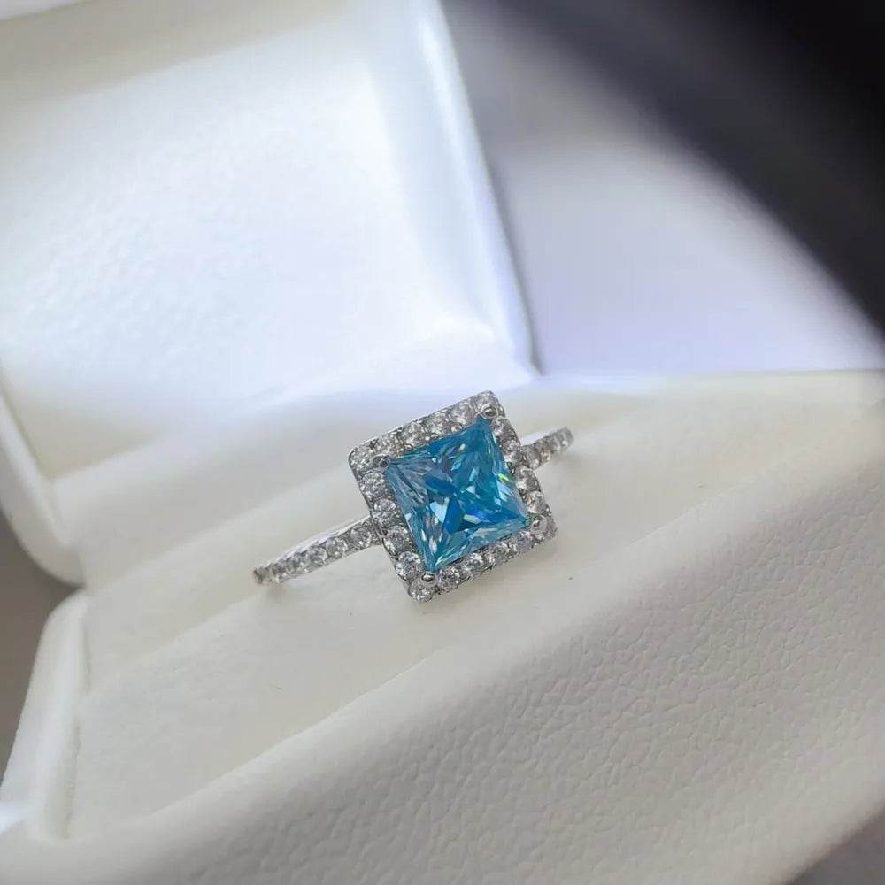 2 Carat Blue Moissanite 925 Sterling Silver Square Shape Ring - Princess Cut Halo - Patelcreations