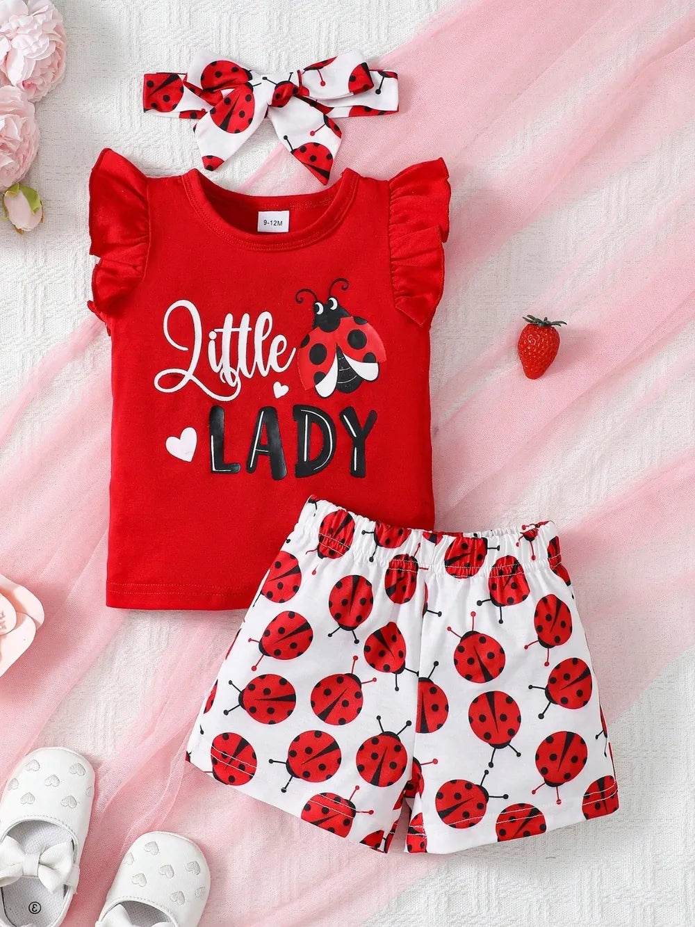 Children's Ladybug Print 3-Piece Set - Headband, Ruffle Top & Pants - Patelcreations