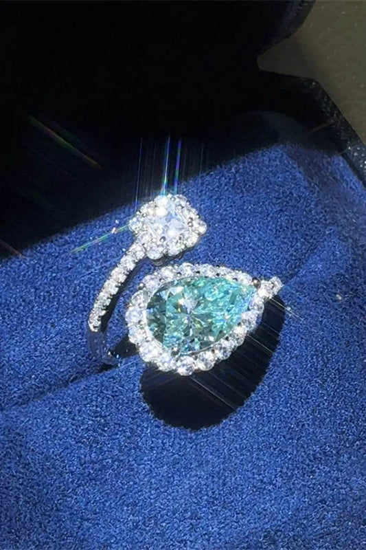 2 Carat Turquoise Moissanite Ring - Sterling Silver Bypass Design - Patelcreations
