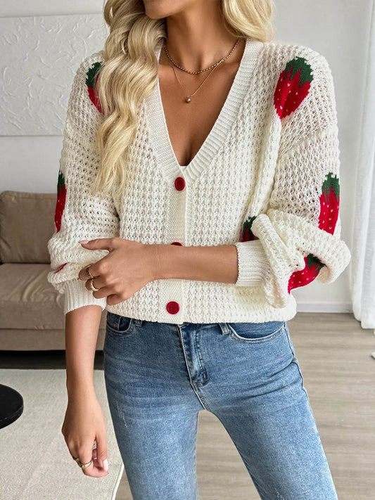 🍓✨ Strawberry Pattern V-Neck Button-Up Cardigan 🌸💕 - Patelcreations