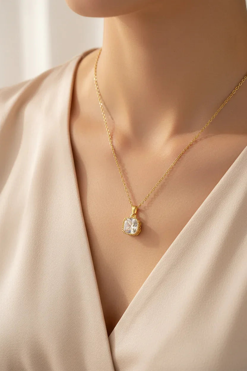 cushion-cut-cz-solitaire-necklace-lifestyle - Patelcreations