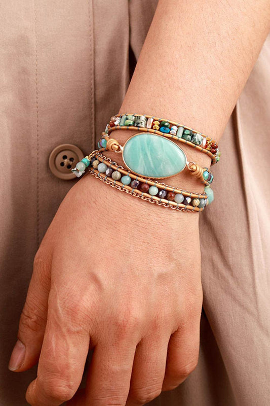 Handmade Natural Stone Beaded Triple Layer Bracelet - Jade Centerpiece Luxury Wrap - Patelcreations