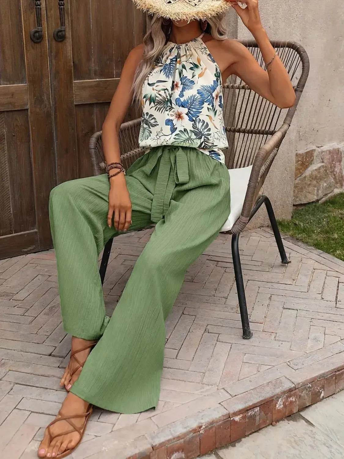 🌿 Meadow Glow Printed Tank Top and Wide Leg Pants Set - Patelcreations